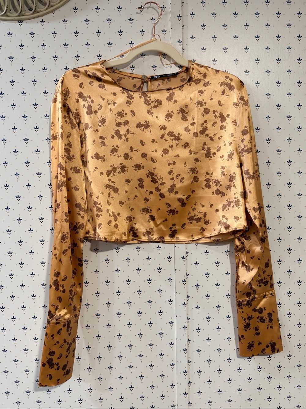 Zara Gold Copper Brown Floral Satin Long Sleeve Crop Top Blouse - Size M